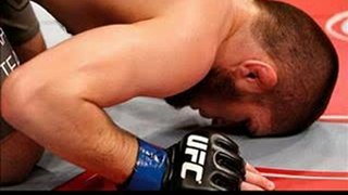 Khabib Nurmagomedov reacts after knocking out Thiago Tavares in their lightweight at the UFC on FX