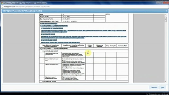 Bireysel Eğitim Planı - Lila Bep Planı