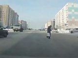 Old Man Unknowingly Dodges Car