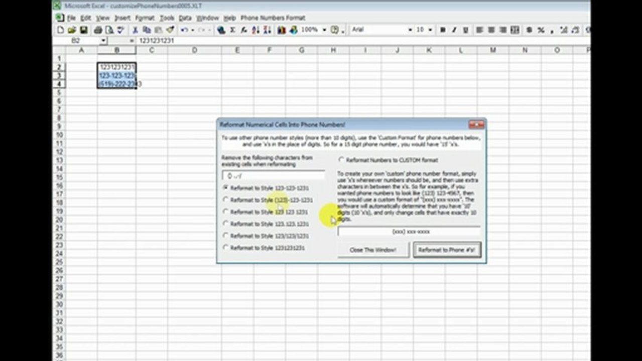 How to Excel Customize Format and change numbers into phone numbers format with dashes etc Software