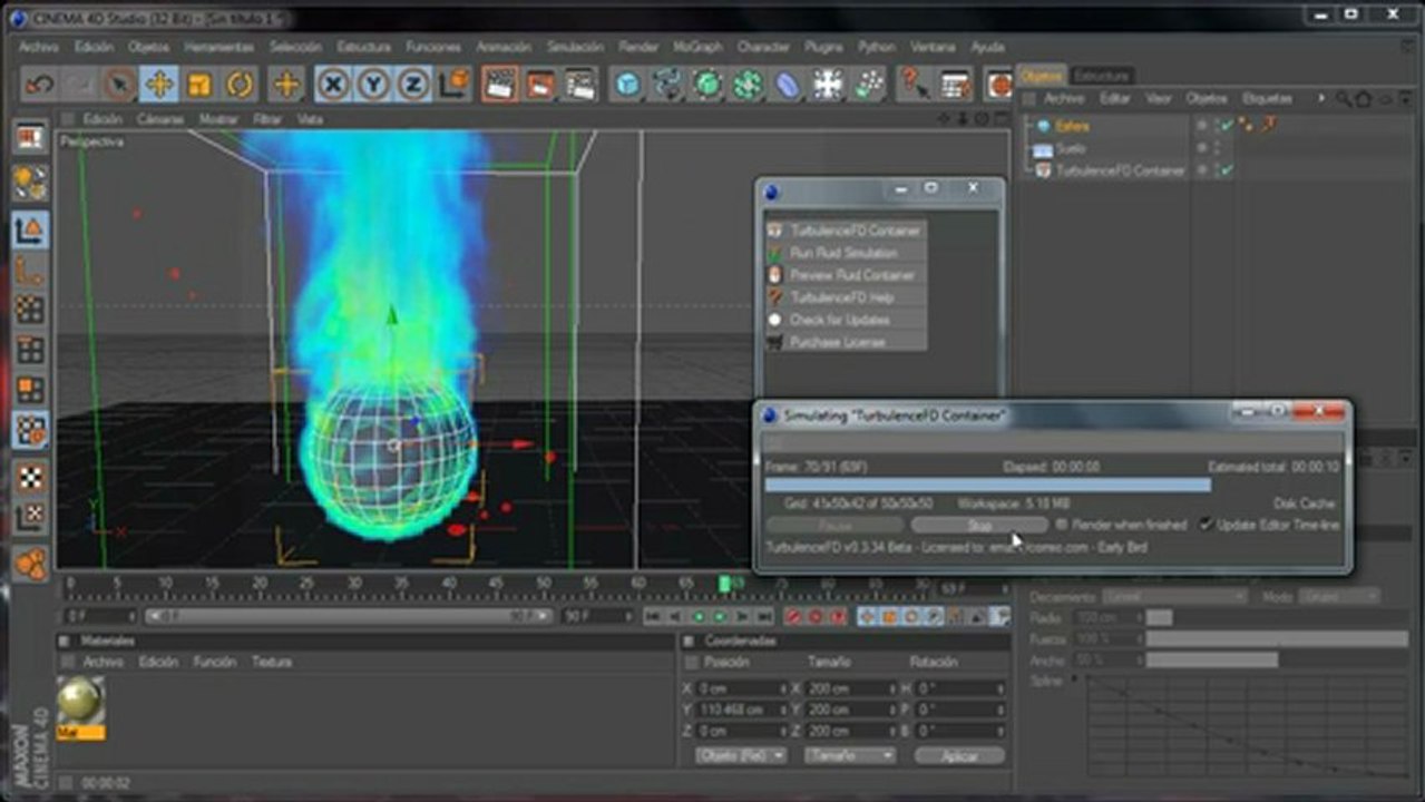 Plugin cinema 4d, tutorial para Turbulence FD para crear FUEGO, llamas en objetos c4d r12.