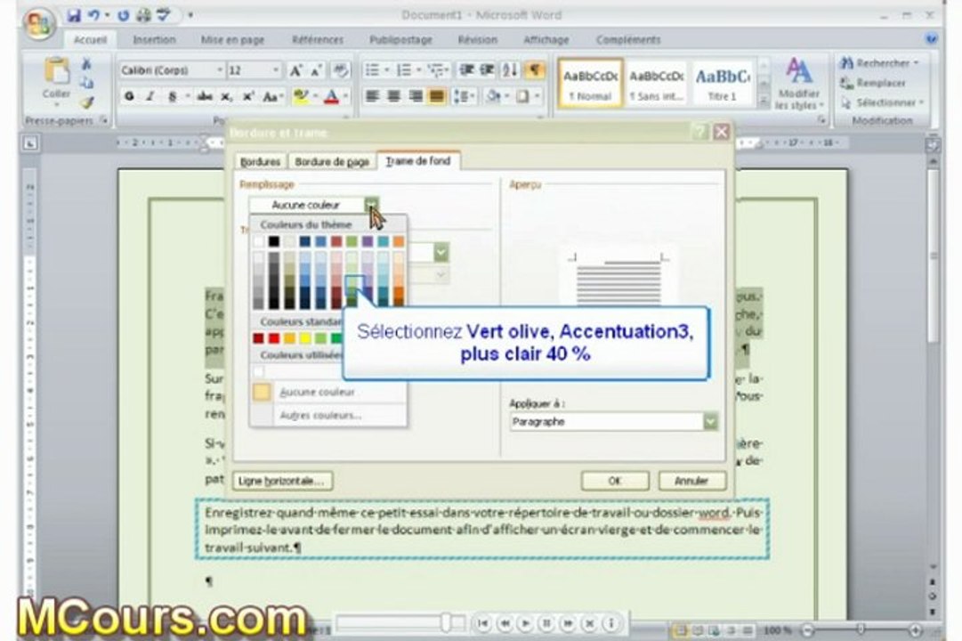 Tutoriel WORD 2007: Cours N°22 Créer Bordures et Trames dans Word 2007