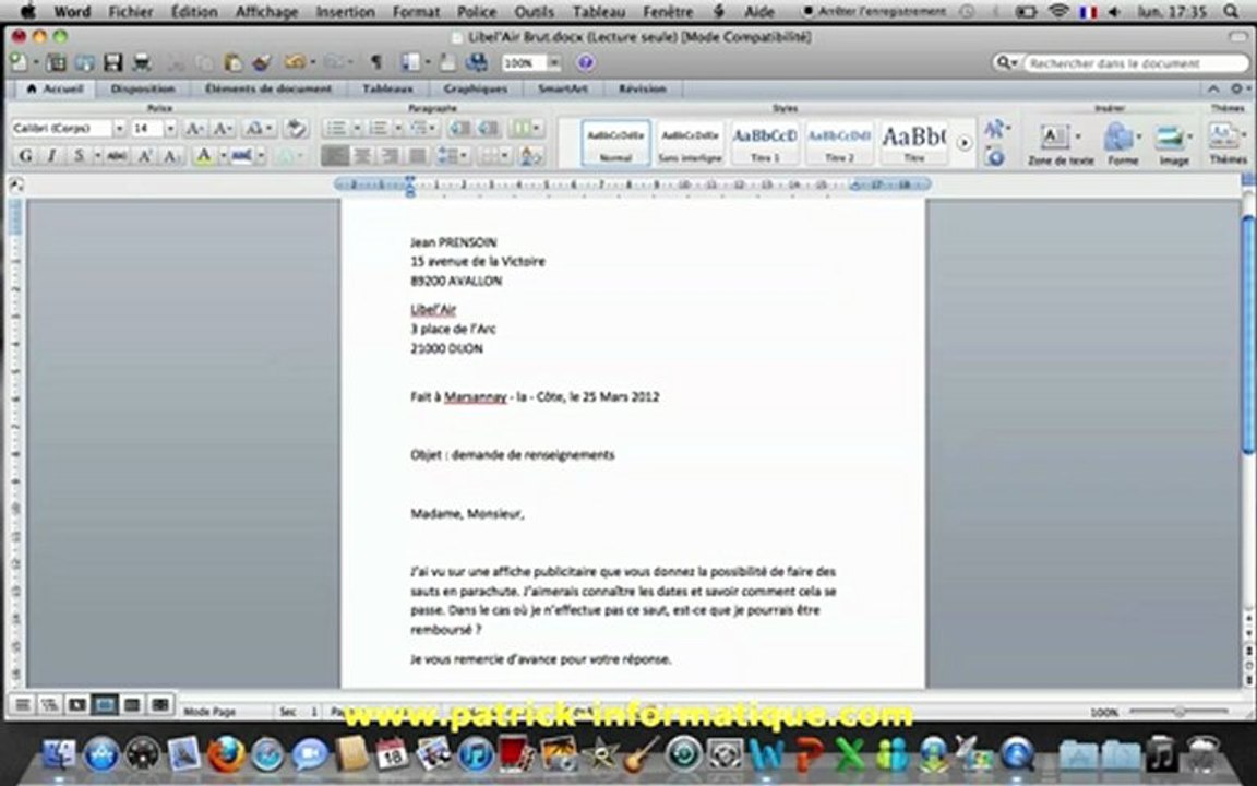 Tuto Mac - Word 2011 - Mise en forme d'une lettre - Extrait