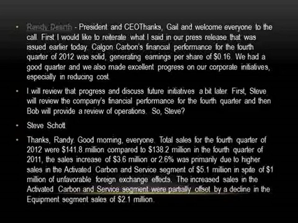 Calgon Carbon's CEO Discusses Q4 2012 Results