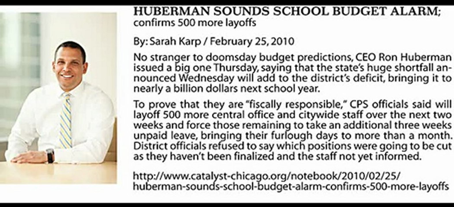 HUBERMAN SOUNDS SCHOOL BUDGET ALARM