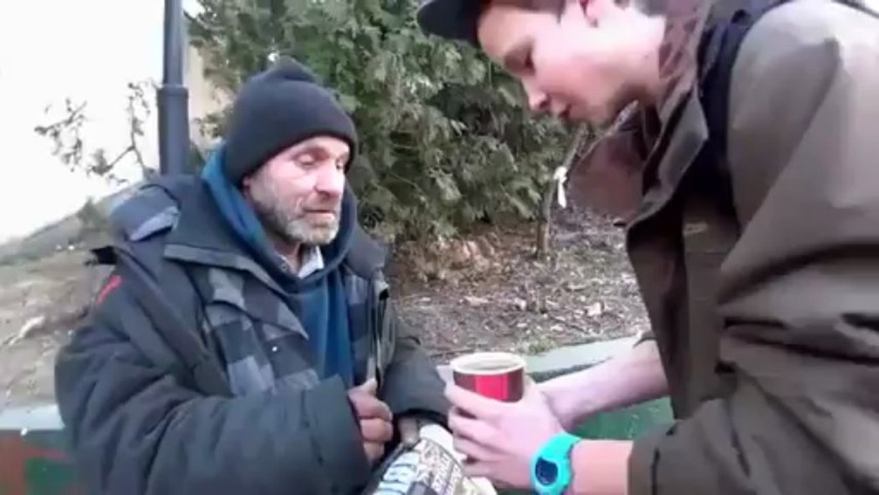 Magic trick with coffee for a homeless