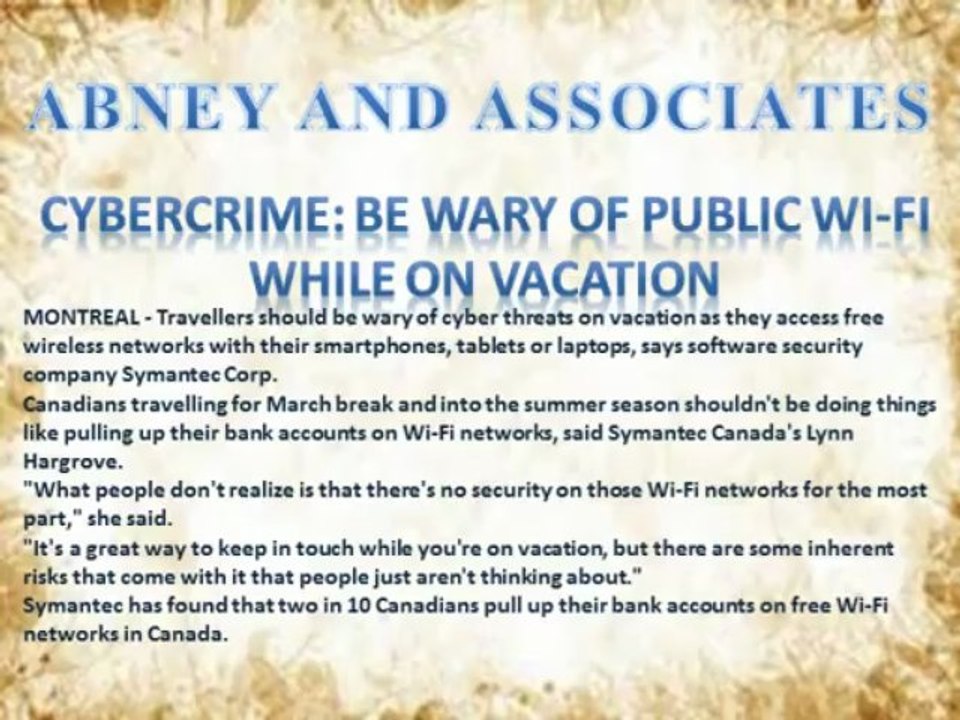 Abney and Associates Cybercrime: Be wary of public Wi-Fi while on vacation