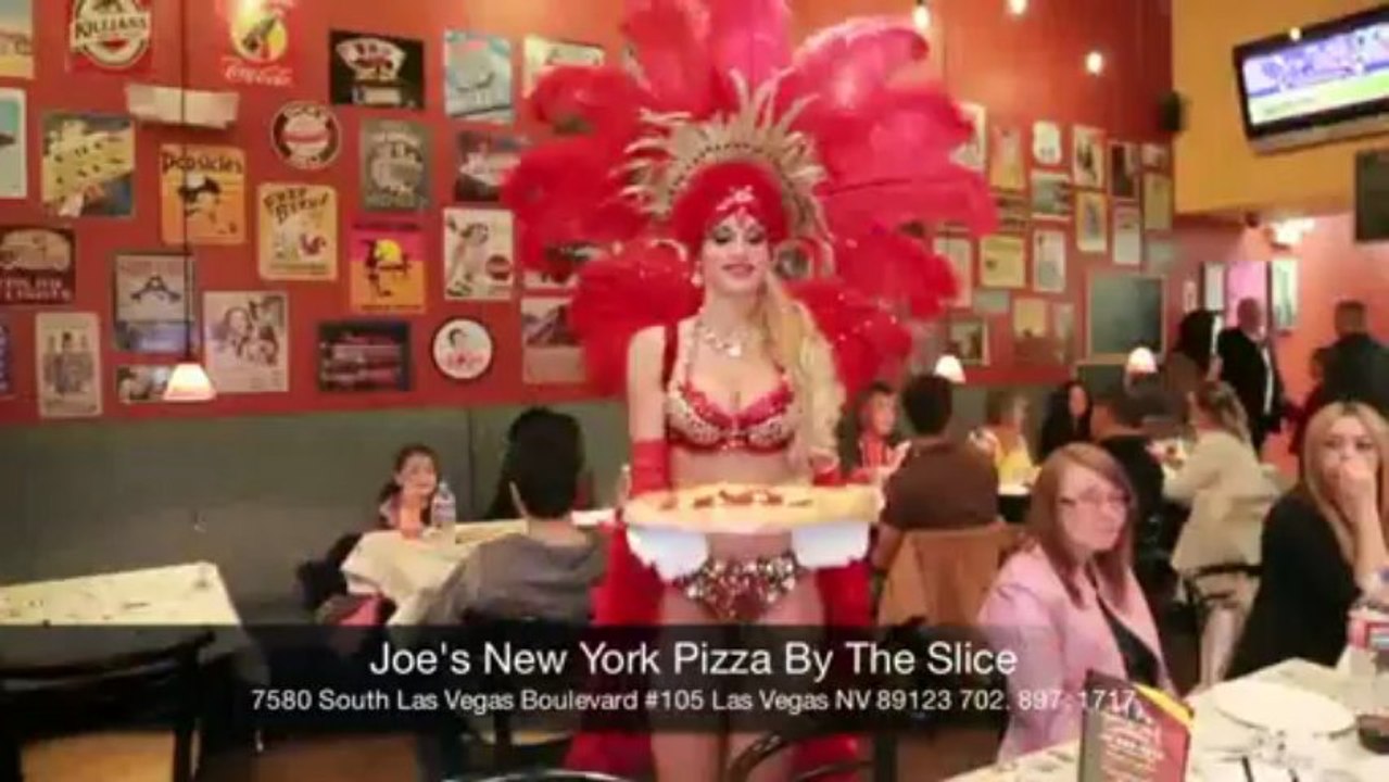 Las Vegas Coolest Restaurants; Joe's New York Pizza with a Las Vegas Showgirl