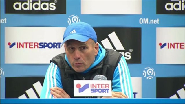Conférence de presse Olympique de Marseille - AC Ajaccio : Elie BAUP (OM) - Albert EMON (ACA) - saison 2012/2013