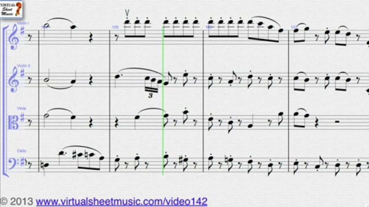 Wolfgang Amadeus Mozart's Eine Kleine Nacthmusik sheet music for string quartet - Video Score