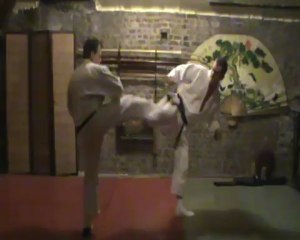 Tobikonde yoko geri : jodan sokutei osae uke