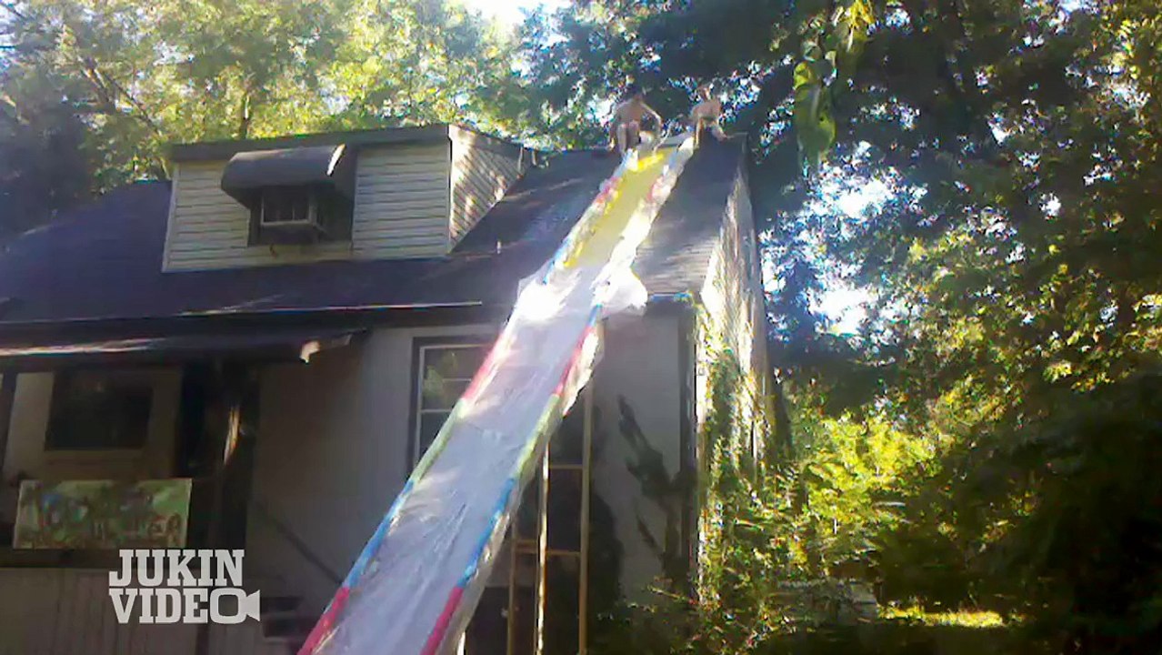 Sixty-Foot Waterslide Off of the Roof!