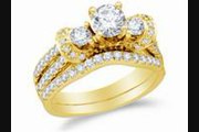 14k Yellow Gold Large Diamond Engagement Ring With Matching Curved Wedding Band 2 Ring Set  3 Three Stone Center Setting Shape W Channel Set Round Diamonds (1