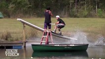 wakeboarder crashes on upside down tin boat