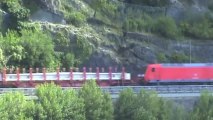 Züge und Schiffe bei Oberwesel am Rhein, Railpool 185, MRCE 189, 2x 145, 3x 101, 428