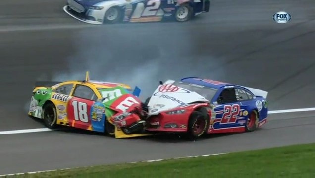 NASCAR Sprint cup Kansas 2013 Huge crash Busch Logano