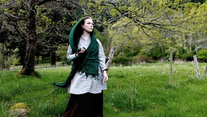 Beautiful Girl Singing and Playing Harp in a Field