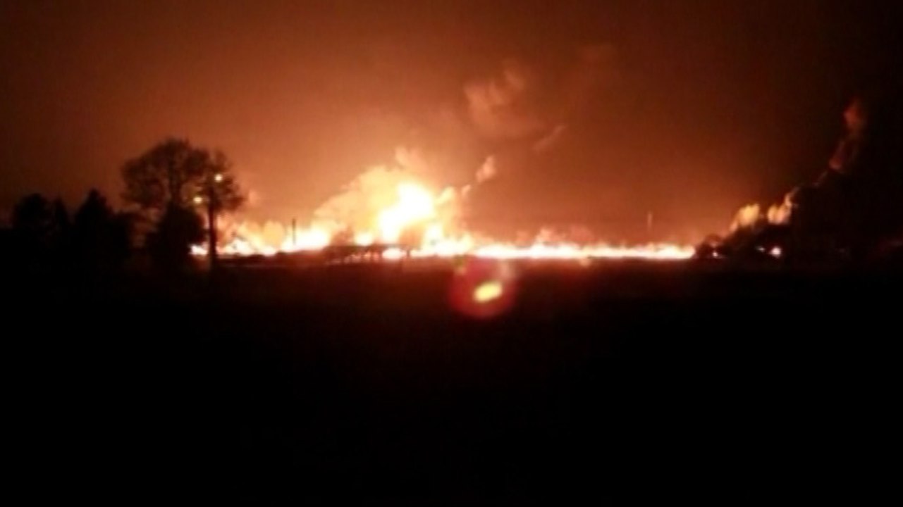 Train Carrying Toxic Chemicals Derails, Triggering Massive Fire