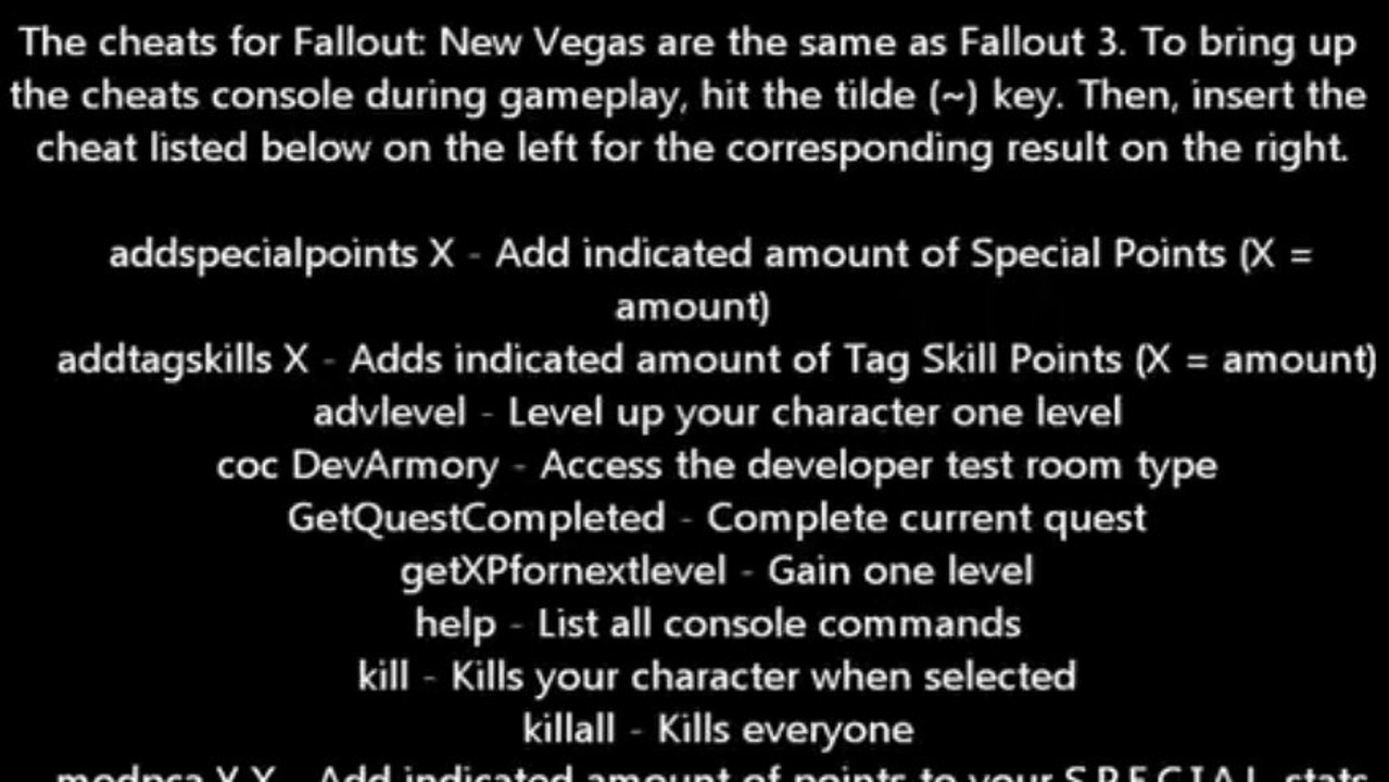 Fallout New Vegas All Cheats, Cheat Codes - XBOX 360, PS3, PC