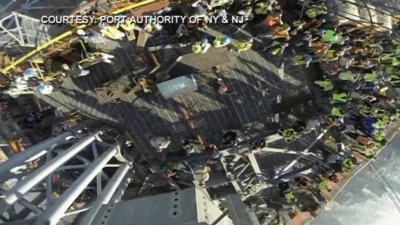 Bird's eye view of spire being set