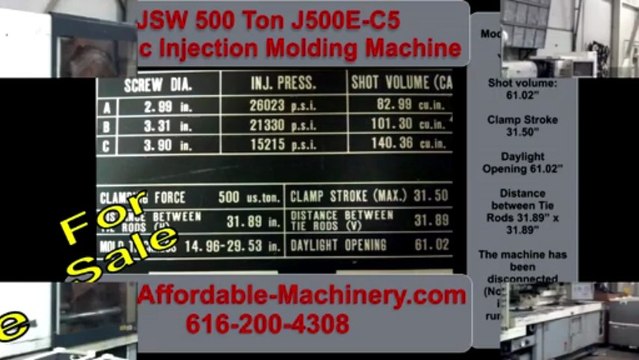 JSW Plastic Injection Molding Machine 500 Ton Used Plastic Machinery