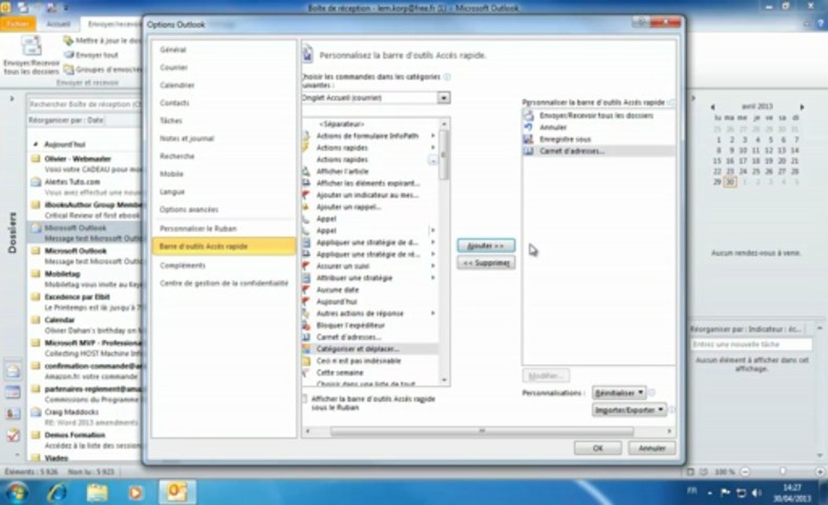 Microsoft Outlook | barre outils acces rapide
