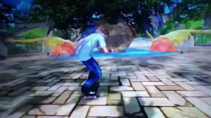 Skateboarding dog plays video game