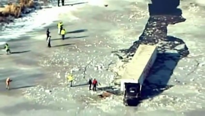 Truck crashes into an icy pont in Minnesota