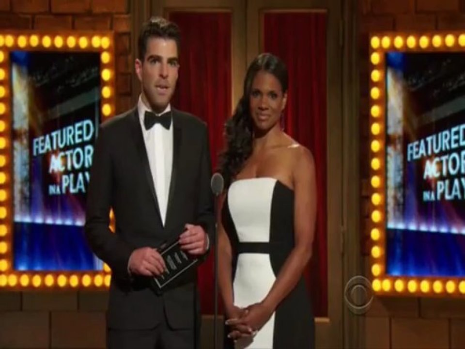 Zachary Quinto and Audra McDonald presenting the Tony award to Courtney B. Vance