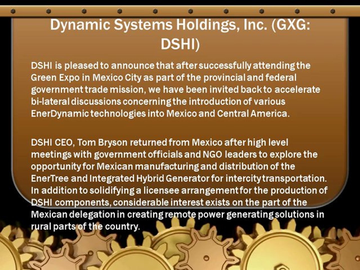dynamic systems holdings - DSHI announces return visit to Mexico