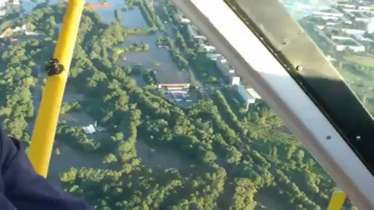 Helicopter tour of flooded river Saale in Germany