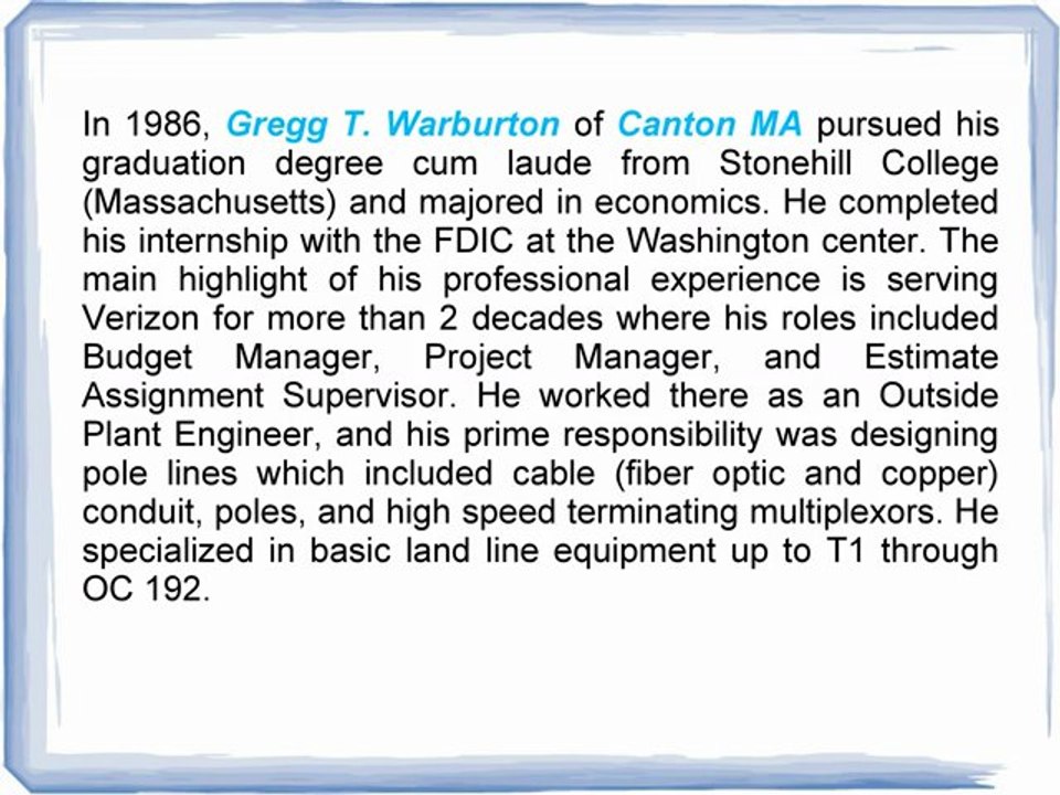 Gregg Warburton Graduated Cum Laude From Stonehill College (Massachusetts)