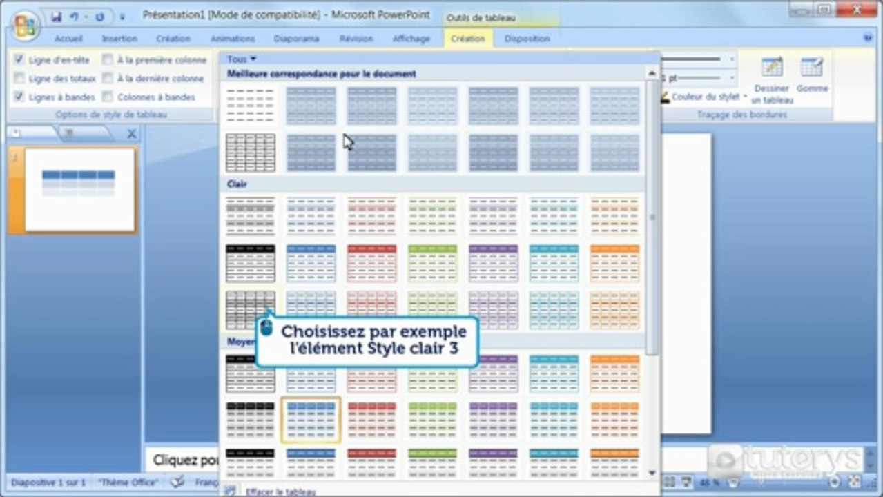 Comment modifier la disposition d'un tableau avec PowerPoint 2007 ?