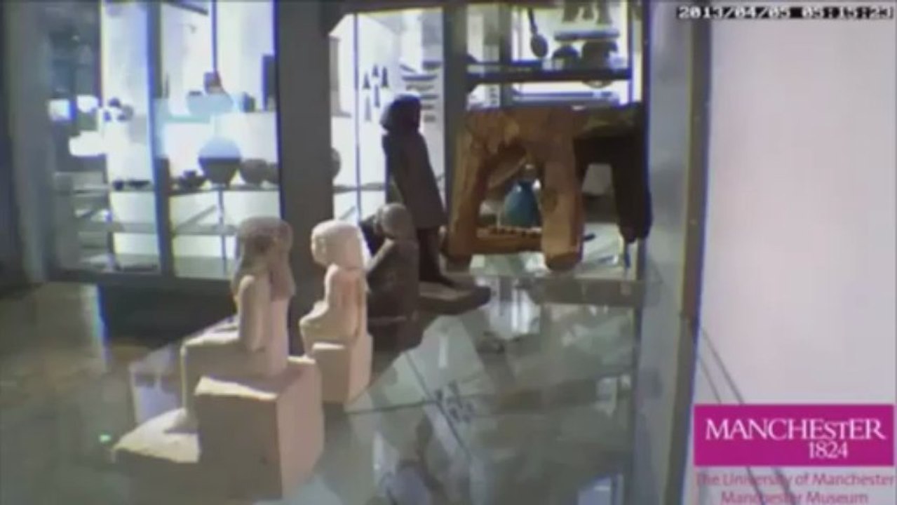 Spooky! Egyptian statuette spins untouched inside glass case