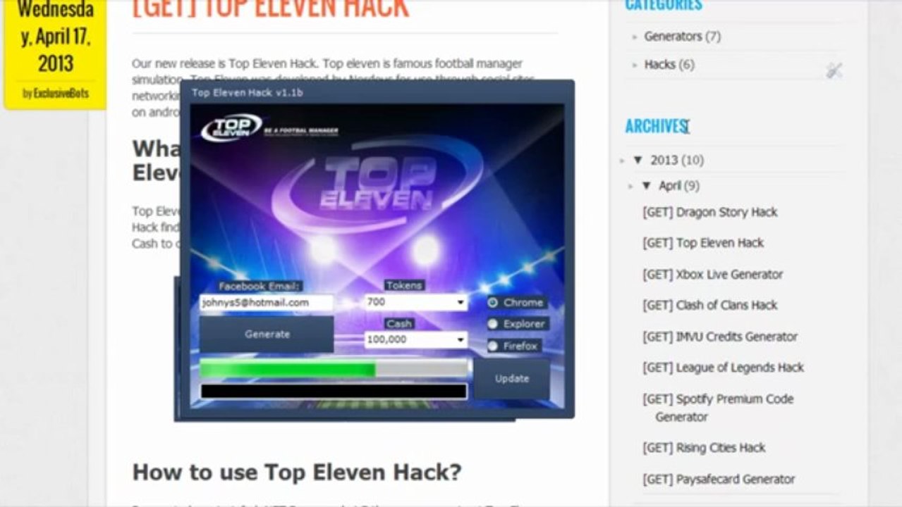 Top Eleven Hack July 2013 FREE TOKENS,FANS,MONEY