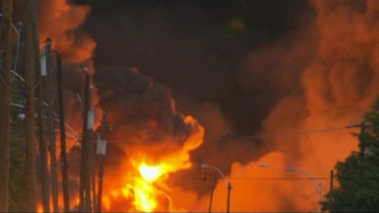 Train carrying petroleum derails, explodes in Canadian town