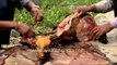 Decapitated lamb sits on bloodied rock in the the rugged Himalayas