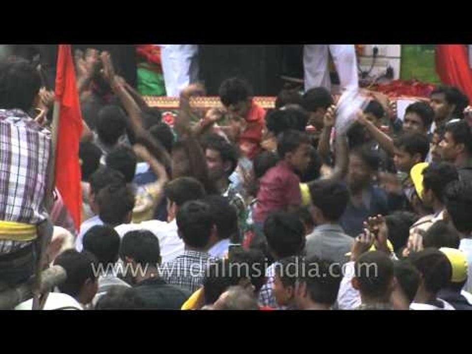 Thousands of devotees in front of chariots during 'Rath-yatra' in Delhi