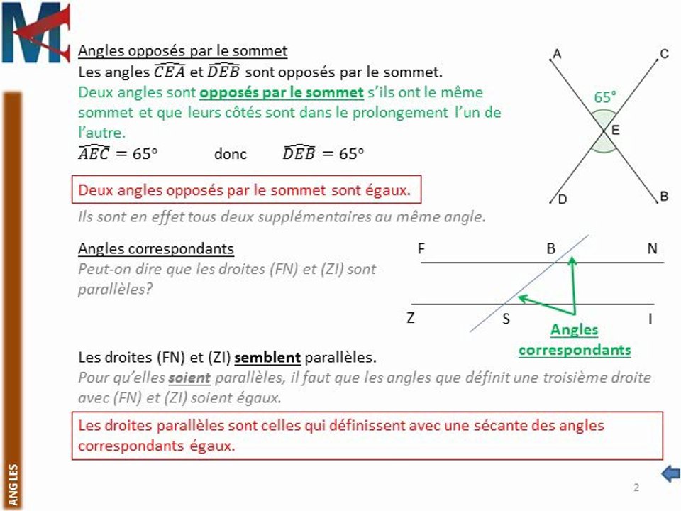 5ème - ANGLES - Opposés par le sommet, correspondants, Alternes-internes