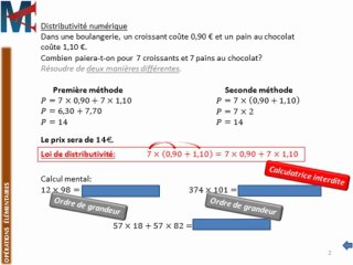 5ème - OPERATIONS ELEMENTAIRES - Distributivité numérique