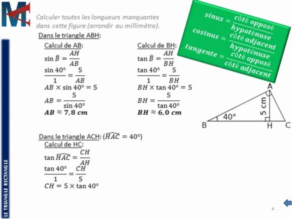 3ème - LE TRIANGLE RECTANGLE - Trigonométrie, Calcul de longueurs