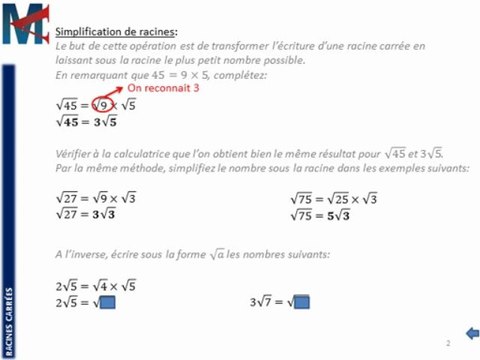 3ème - RACINES CARREES - Simplification de racines carrées