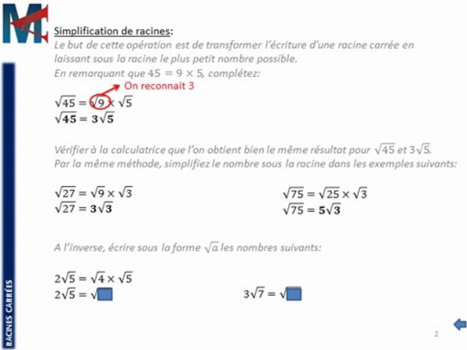 3ème - RACINES CARREES - Simplification de racines carrées