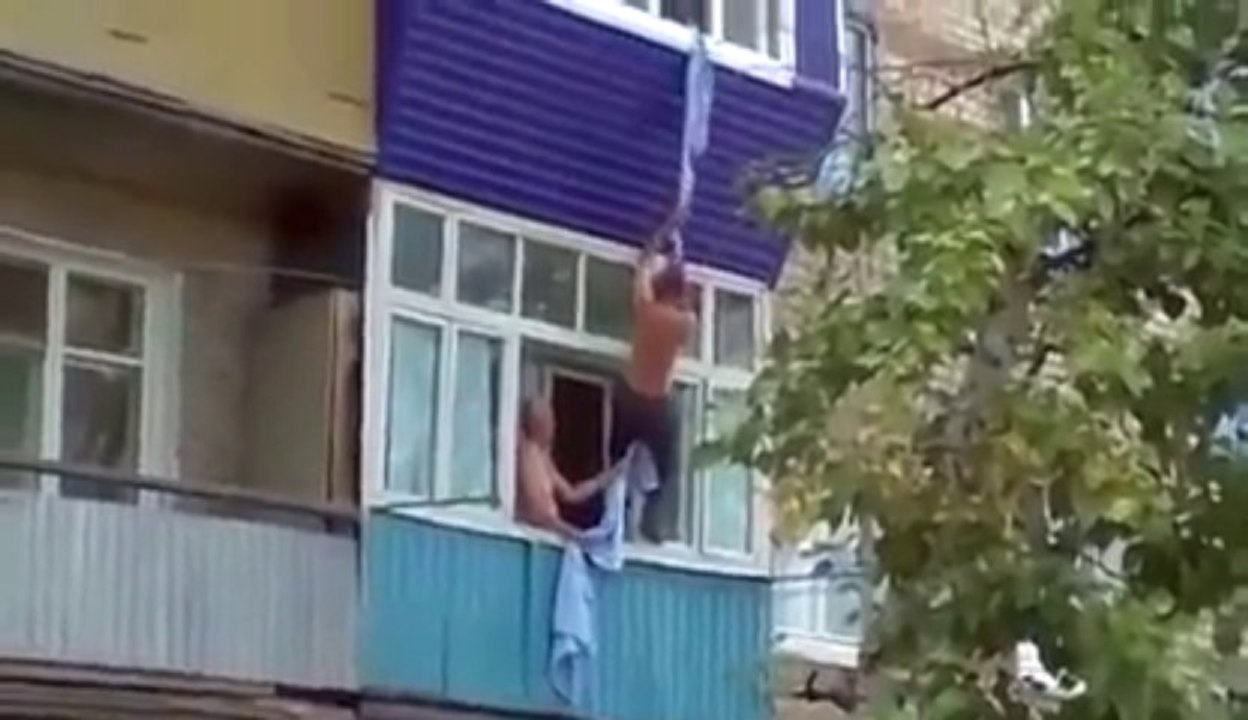 Terrible fall from the second floor of a building, trying to escape from something.