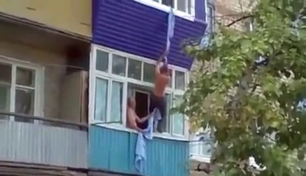 Terrible fall from the second floor of a building, trying to escape from something.