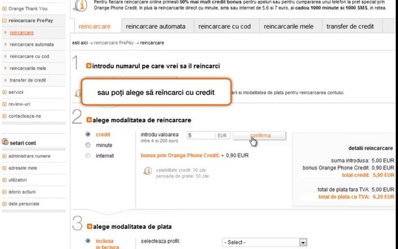 contul tau Orange: cum reincarci un cont PrePay (din cont de abonat)