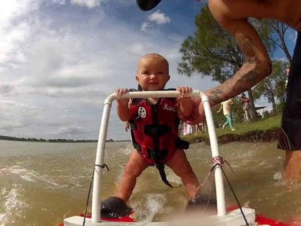 Baby Ryders On His Way To Waterski! 7.5 Month Old Baby On Learner Ski! ORIGINAL