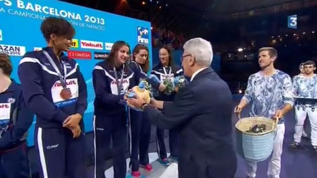 Podium relais 4x200m NL (F) - ChM 2013 natation (Muffat, Bonnet, Lazare, Balmy)