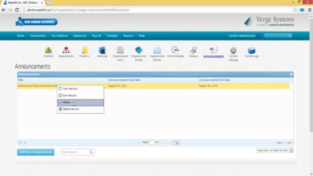 WebHR - Video Tutorials - Organizations - Announcements
