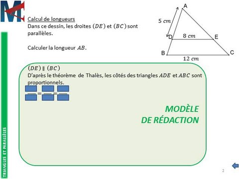 4ème - TRIANGLES ET PARALLELES - Calcul de longueurs par Thalès